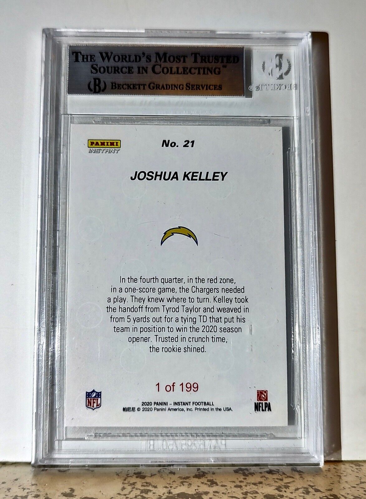 Joshua Kelley 2020 Panini NFL #21 Rookie Football Card 1 of 199 BGS 8.5 Chargers