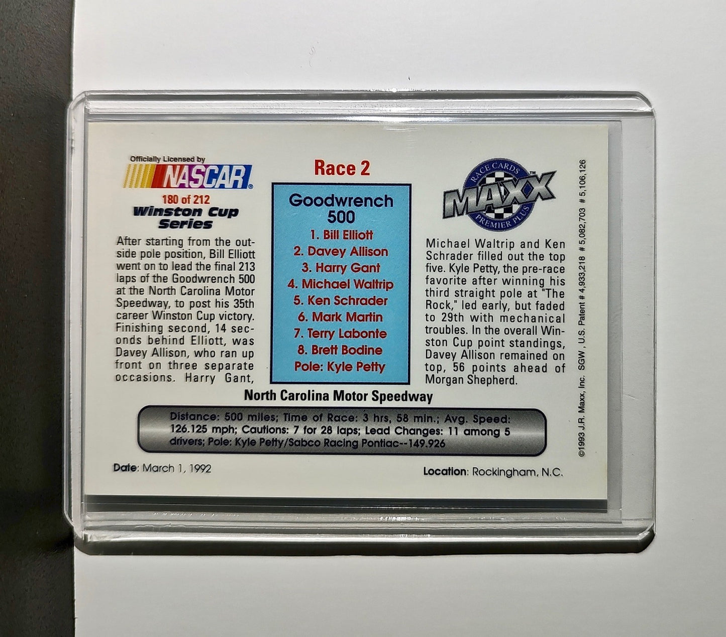 Race 2 Rockingham YR 1993 Maxx Premier Plus Racing #180 NASCAR Card