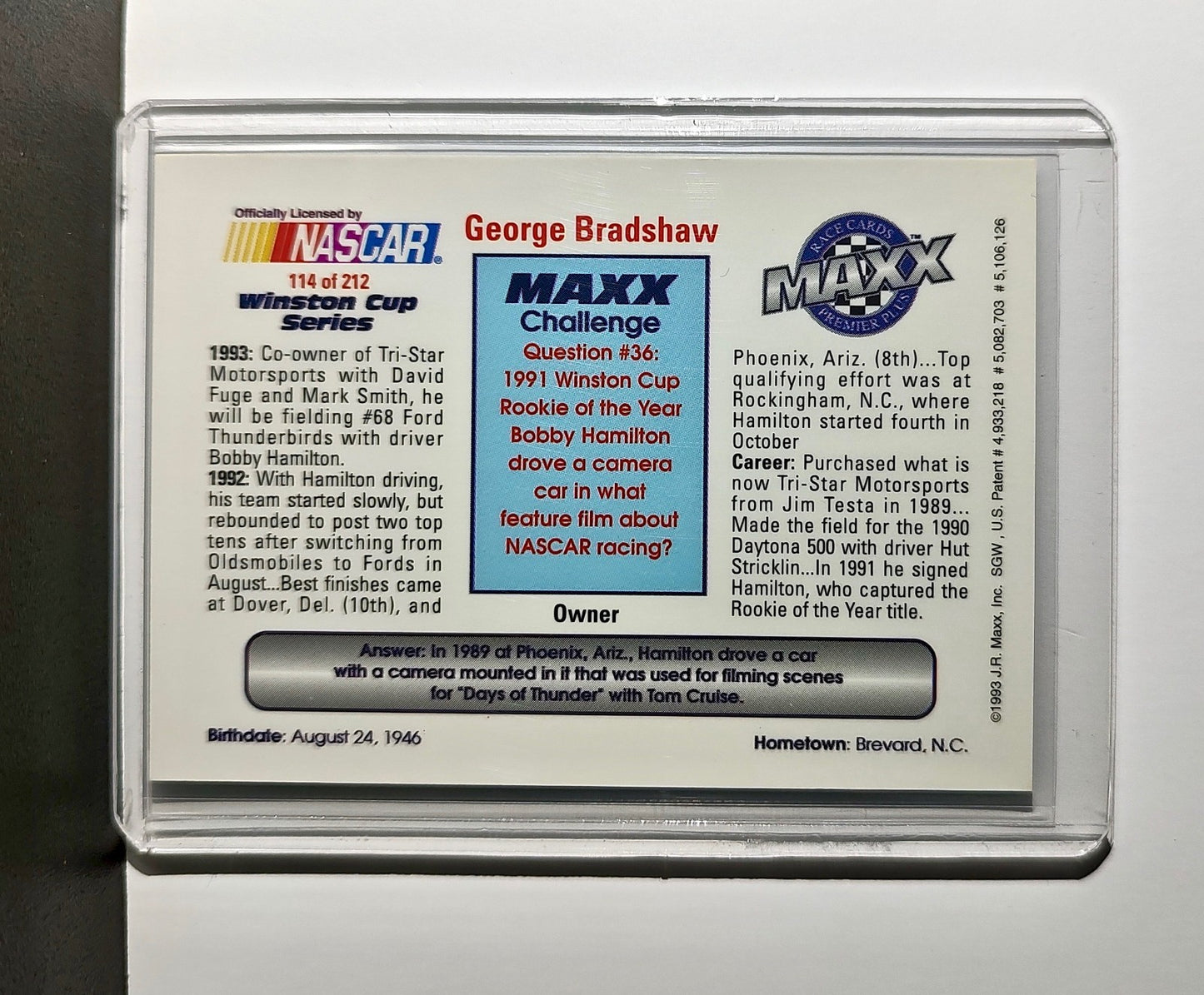 George Bradshaw 1993 Maxx Premier Plus Racing #114 NASCAR Tri-Star Motorsports