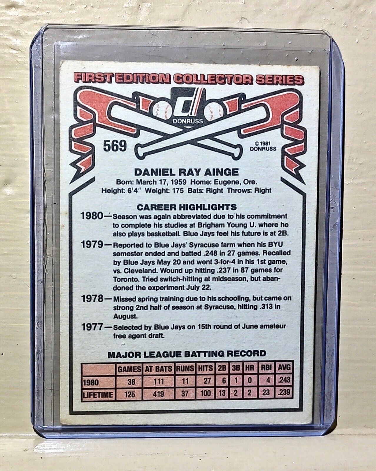 Dan Ainge 1981 Donruss MLB #569 Baseball Card Toronto Blue Jays