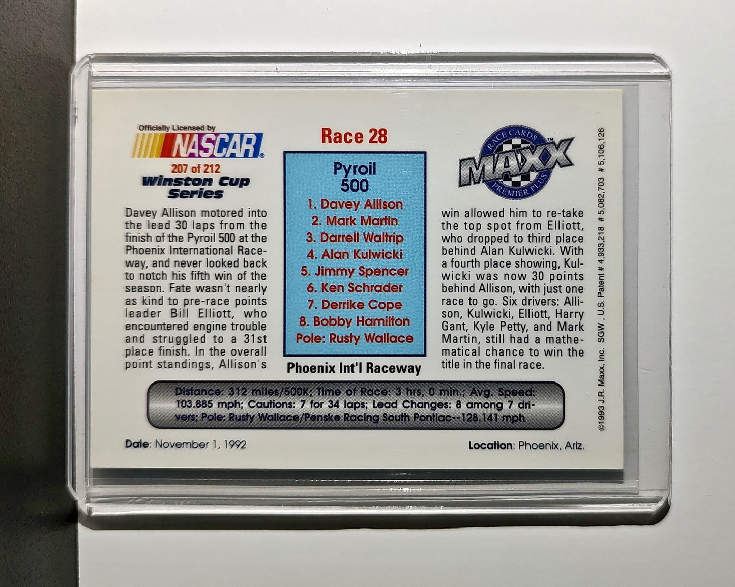 Race 28 Phoenix YR 1993 Maxx Premier Plus Racing #207 NASCAR Card Robert Yates