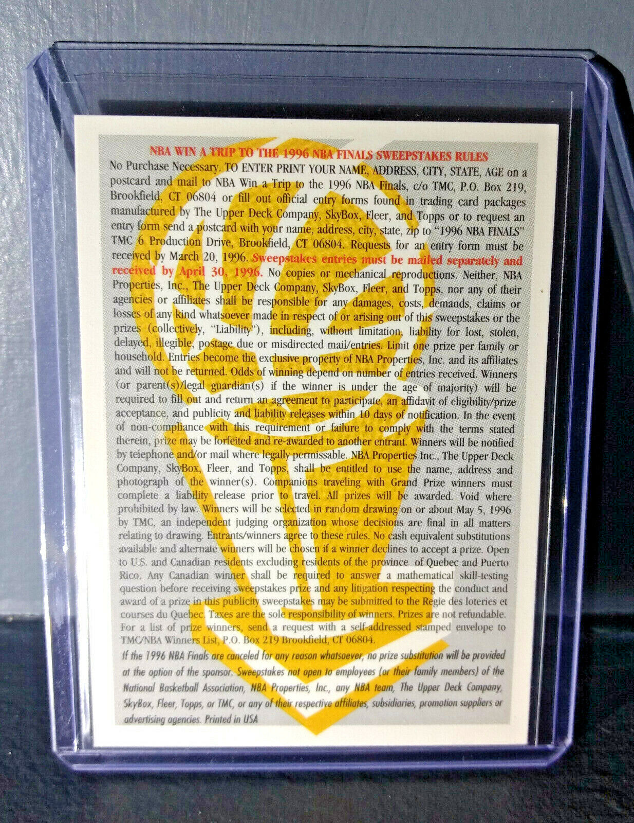 1995-96 Fleer Ultra 1996 NBA Finals Contest Card - Jordan Bulls vs Supersonics