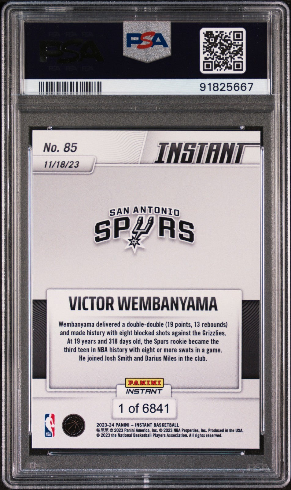Victor Wembanyama 2023-24 Panini #85 NBA Rookie Card Spurs 1 of 6841 PSA 10 Gem