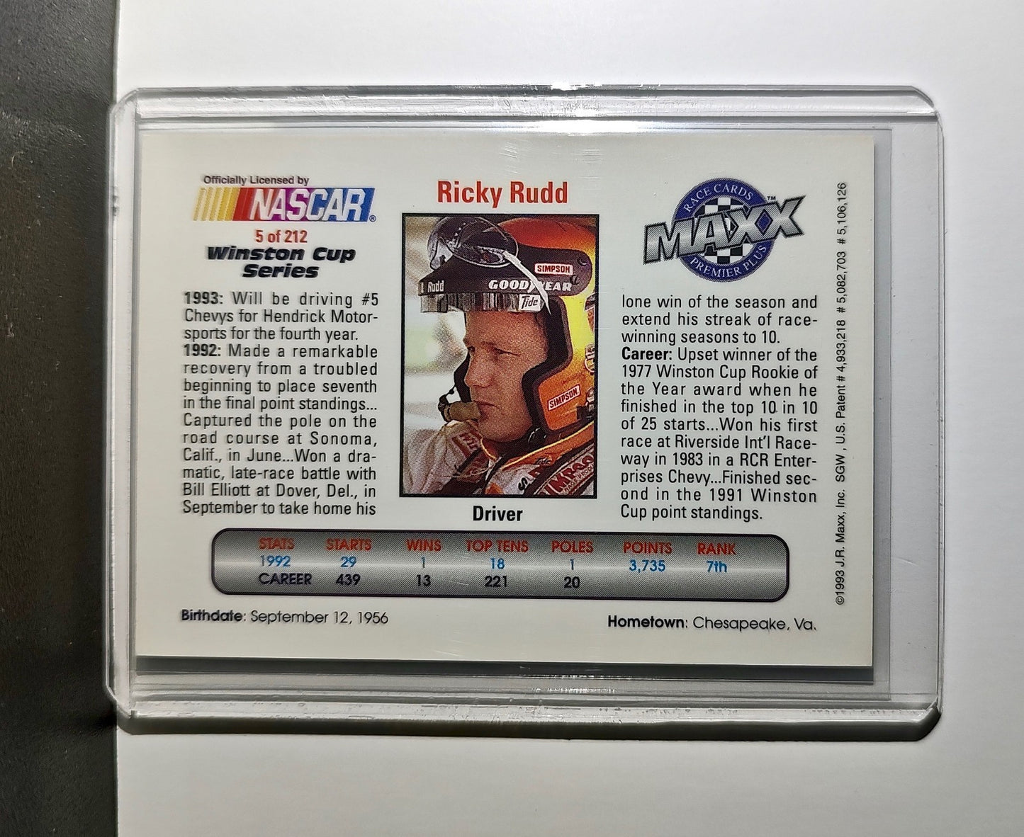 Ricky Rudd 1993 Maxx Premier Plus Racing #5 NASCAR Card Hendrick Motorsports