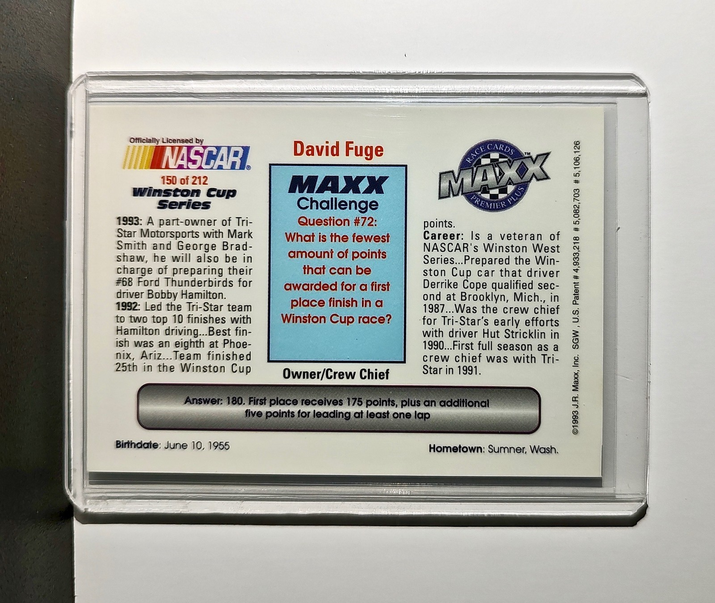 David Fuge 1993 Maxx Premier Plus Racing #150 NASCAR Card Tri-Star Motorsports