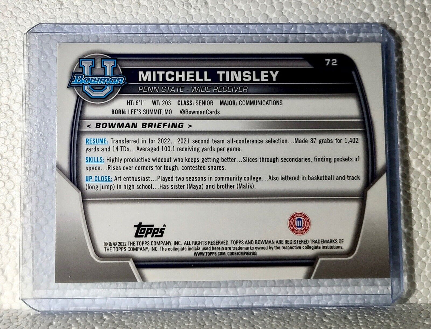 Mitchell Tinsley 2022 Topps 1st Bowman U Football #72 Card Penn State