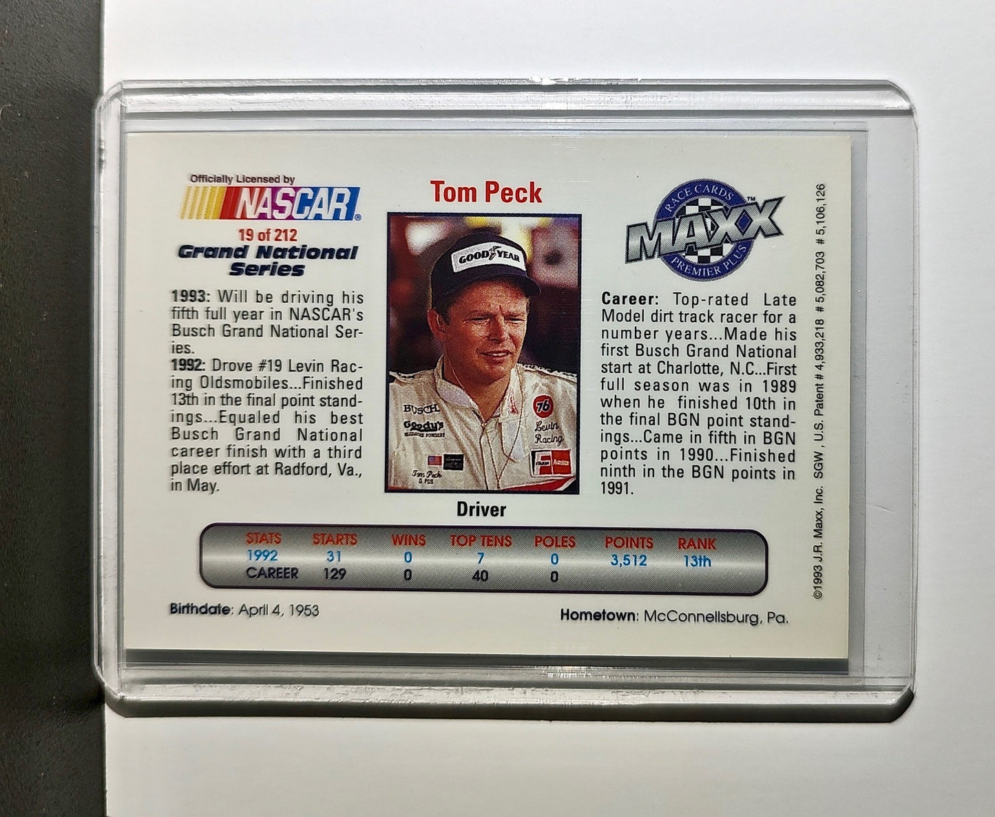 Tom Peck 1993 Maxx Premier Plus Racing #19 NASCAR Card Levin Racing