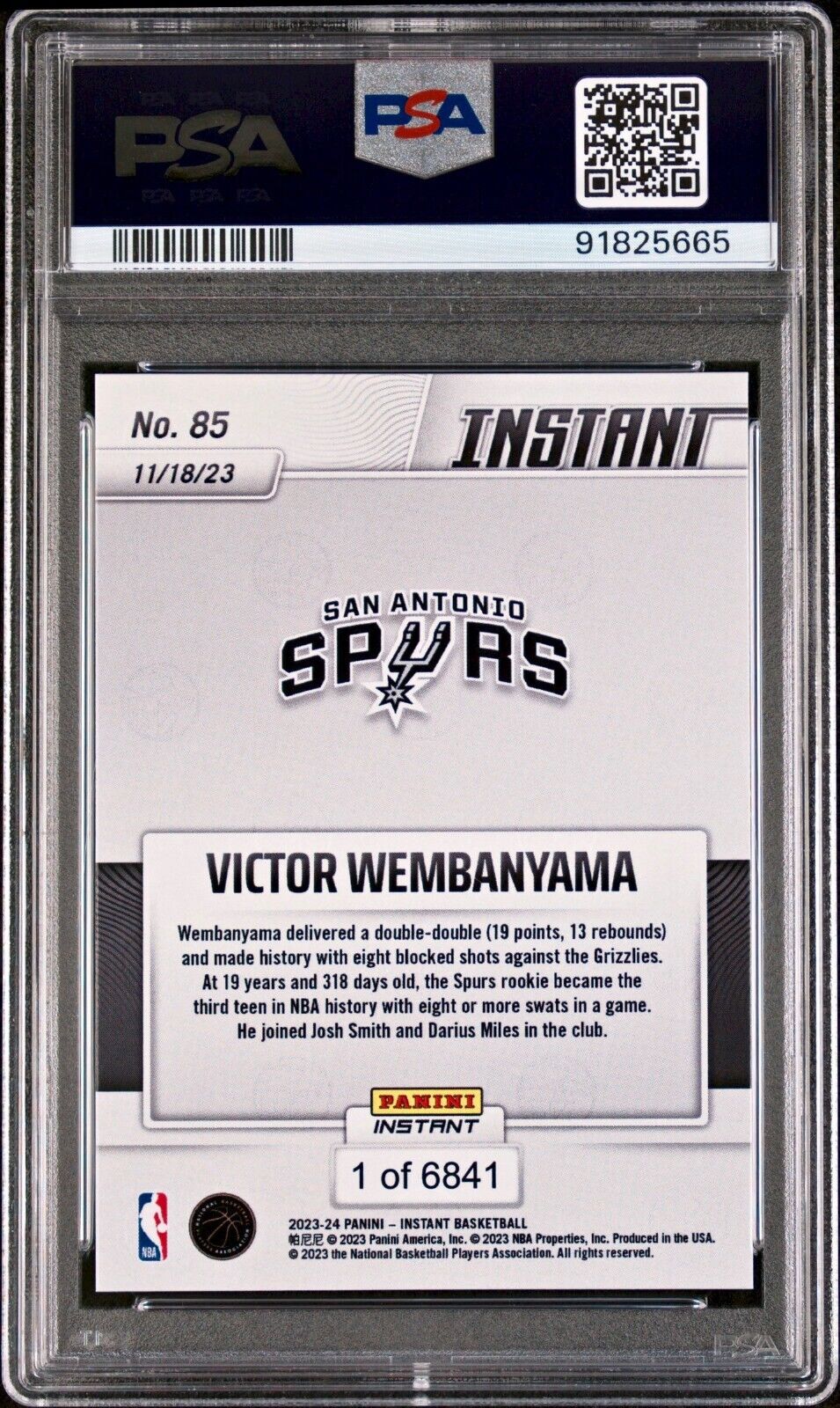 Victor Wembanyama 2023-24 Panini #85 NBA Rookie Card Spurs 1 of 6841 PSA 9 Mint