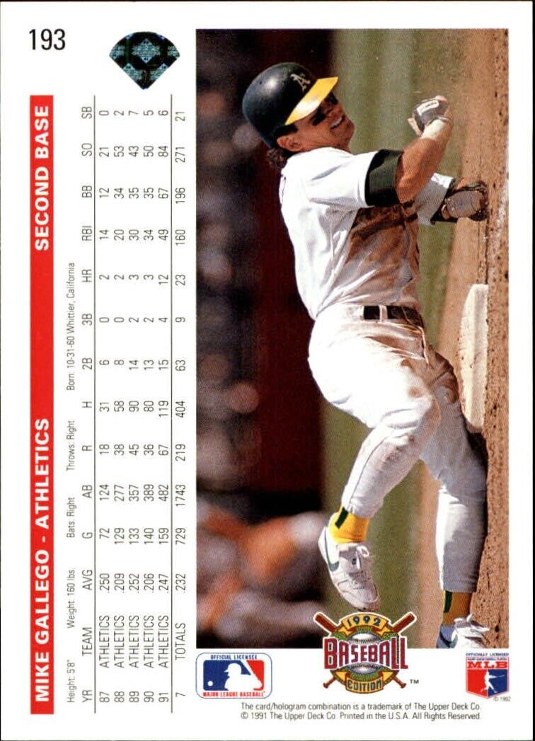 Mike Gallego 1992 Upper Deck MLB #193 Baseball Card Oakland Athletics