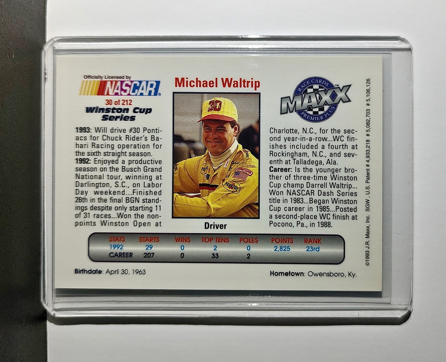 Michael Waltrip 1993 Maxx Premier Plus Racing #30 NASCAR Card Bahari Racing
