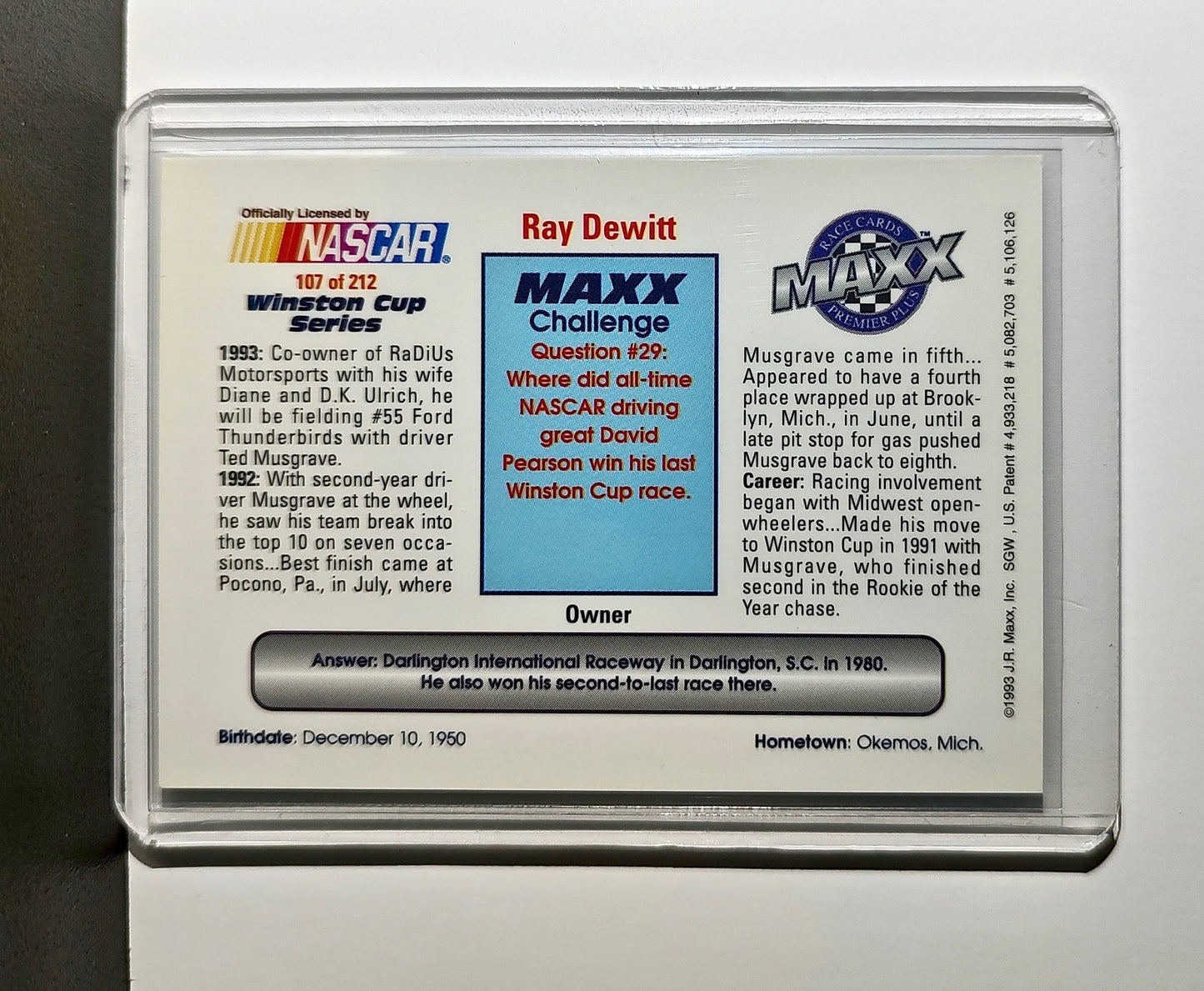 Ray DeWitt 1993 Maxx Premier Plus Racing #107 NASCAR Card RaDiUs Motorsports