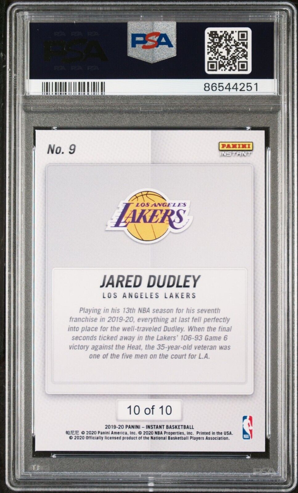 Jared Dudley 2020 Panini Lakers NBA Champions #9 Green Card 10/10 PSA 9 Mint