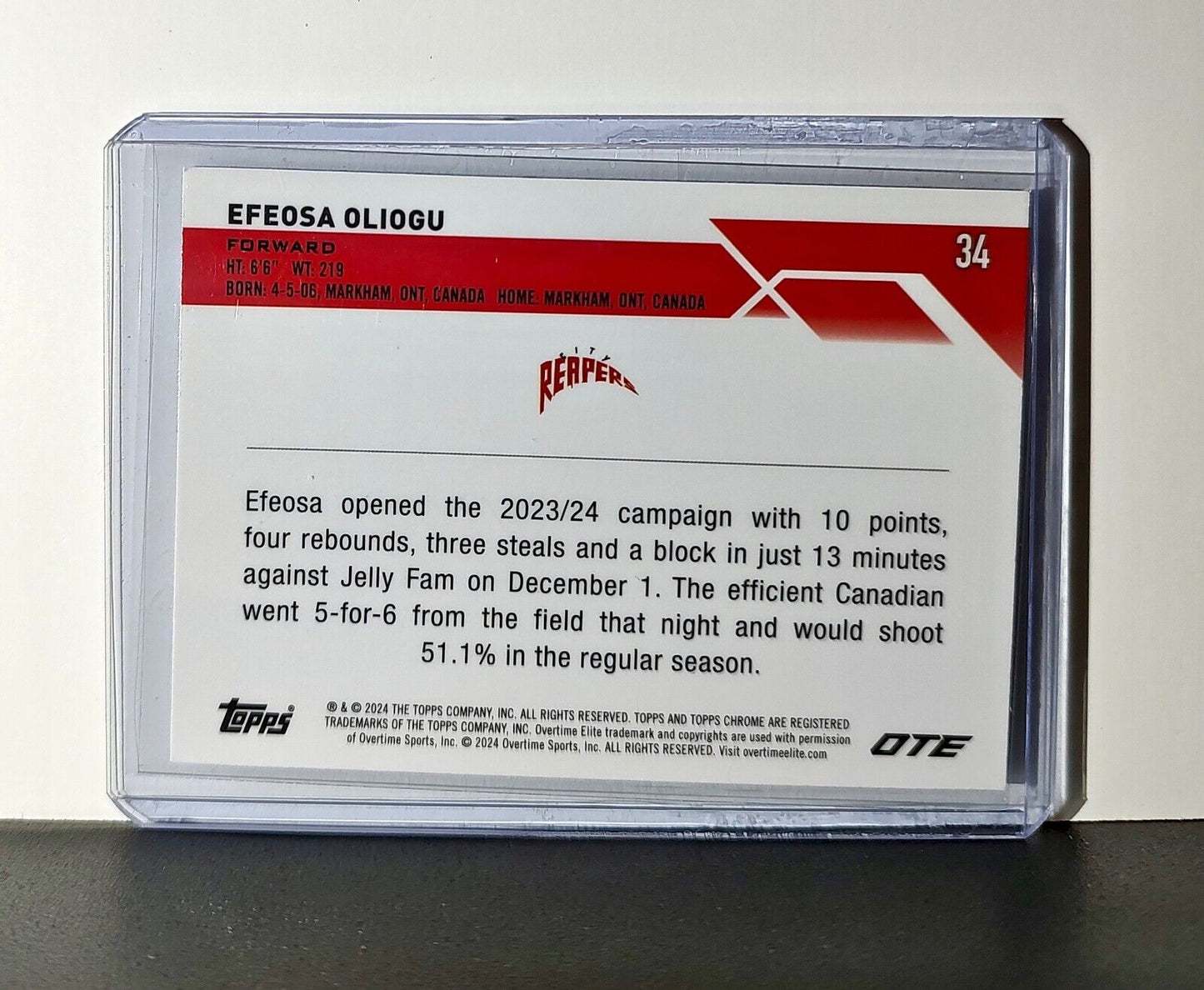 Efeosa Oliogu Rookie Card 2023-24 Topps Chrome Overtime #34 City Reapers
