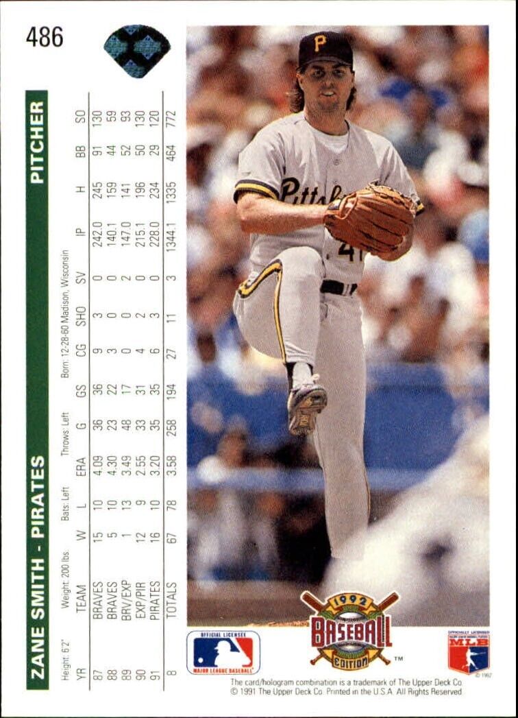 Zane Smith 1992 Upper Deck MLB #486 Baseball Card Pittsburgh Pirates