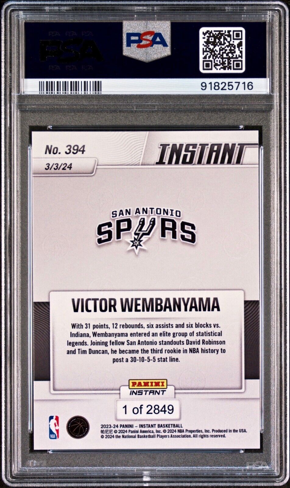 Victor Wembanyama 2023-24 Panini #394 NBA Rookie Card 1 of 2849 PSA 9 MINT