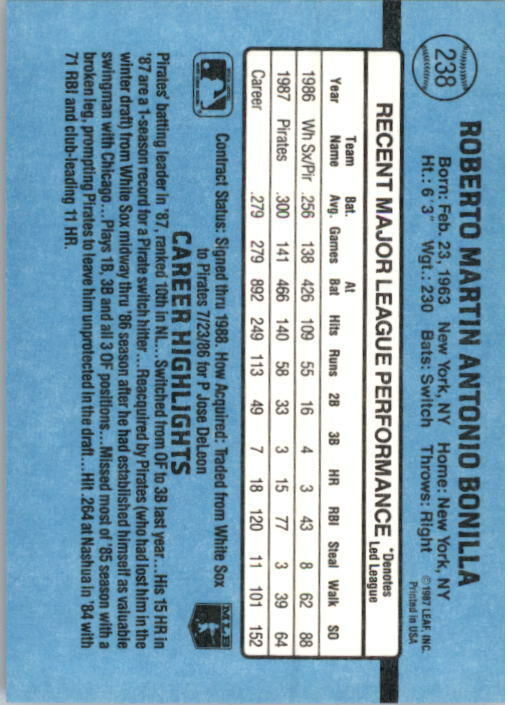 1988 Bobby Bonilla Donruss Baseball Card #238