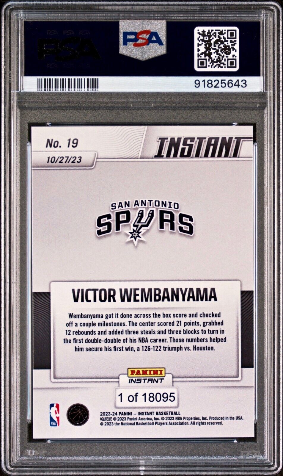 Victor Wembanyama 2023-24 Panini #19 NBA Rookie Card Spurs 1 of 18095 PSA 9 Mint