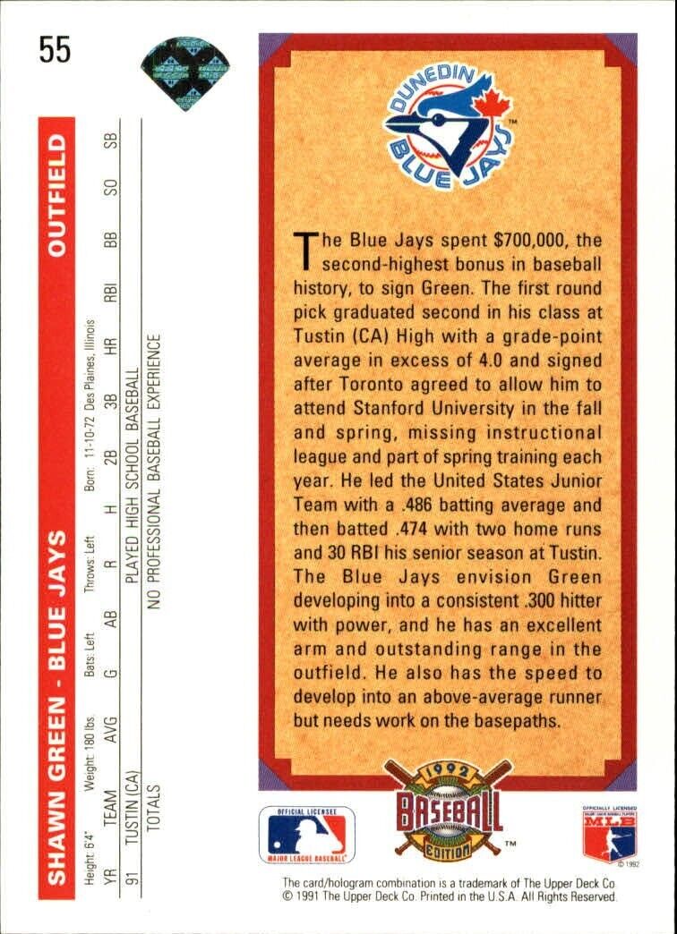Shawn Green 1992 Upper Deck MLB #55 Rookie Baseball Card Toronto Blue Jays