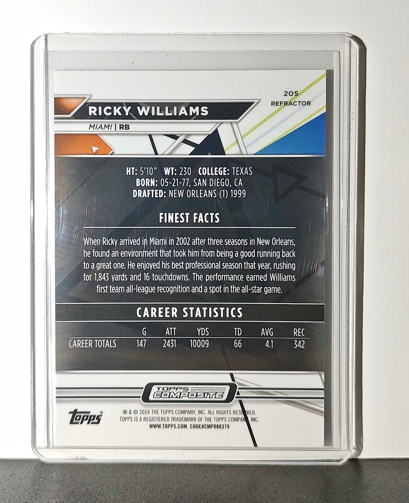 Ricky Williams 2023 Topps Finest Refractor NFL #205 Card Miami Dolphins