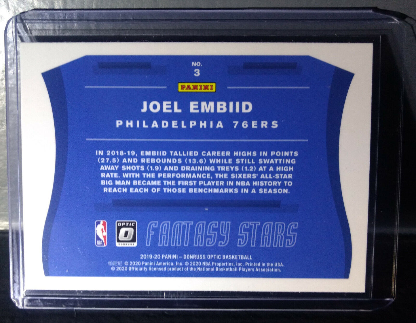 Joel Embiid 2019-20 Panini Donruss Optic Fantasy Stars #3 Basketball Card