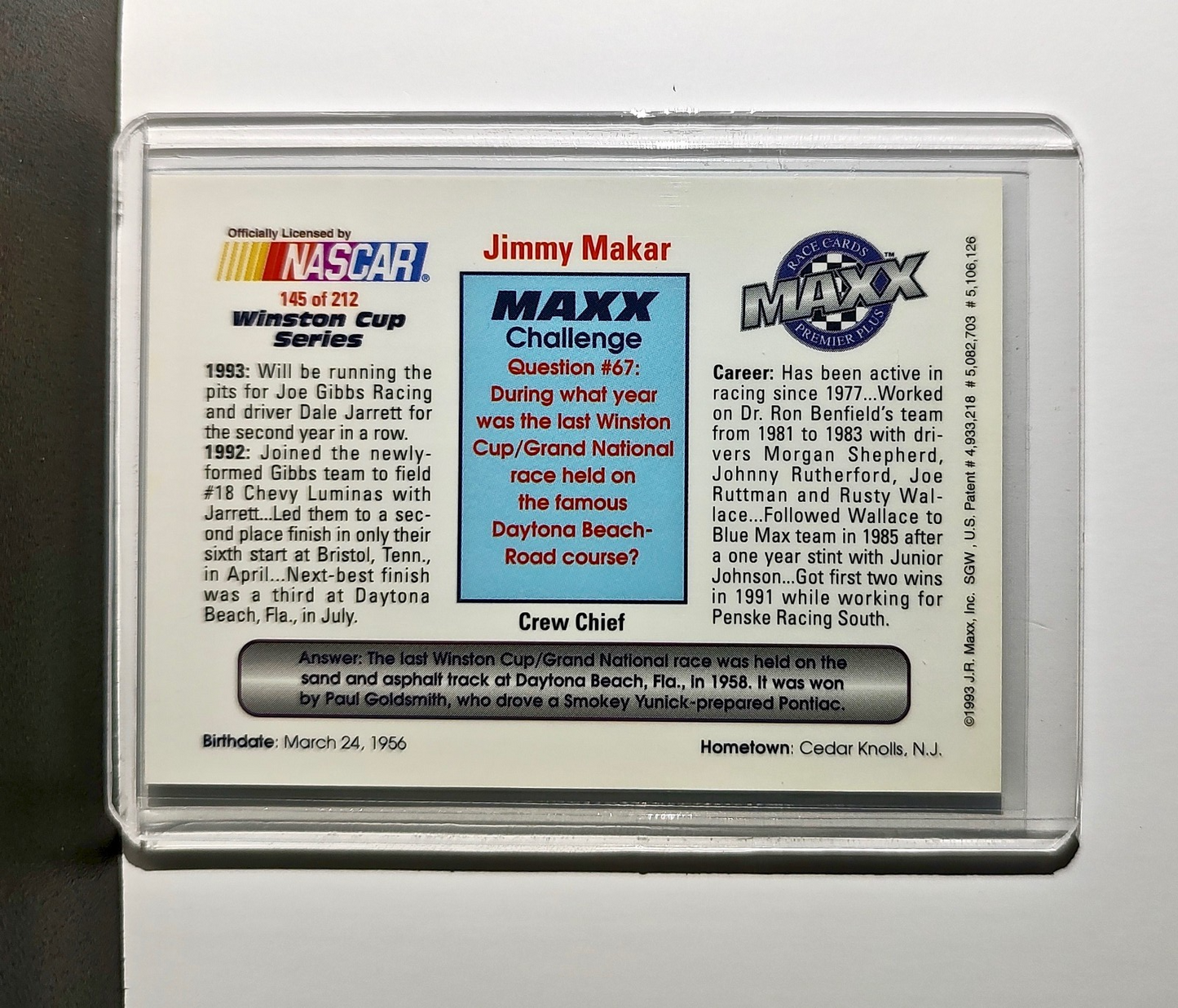 Jimmy Makar 1993 Maxx Premier Plus Racing #145 NASCAR Card Joe Gibbs Racing