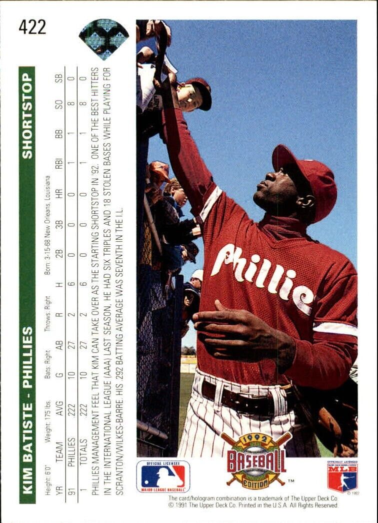 Kim Batiste 1992 Upper Deck MLB #422 Baseball Card Philadelphia Phillies