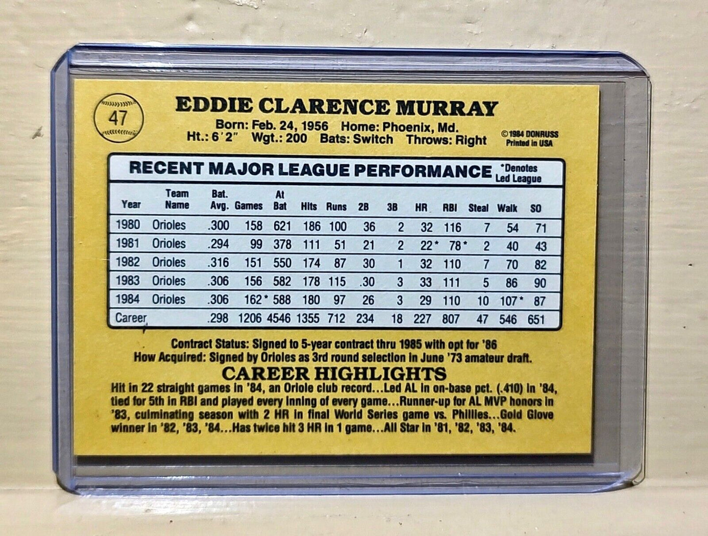 Eddie Murray 1985 Donruss MLB #47 Baseball Card Baltimore Orioles