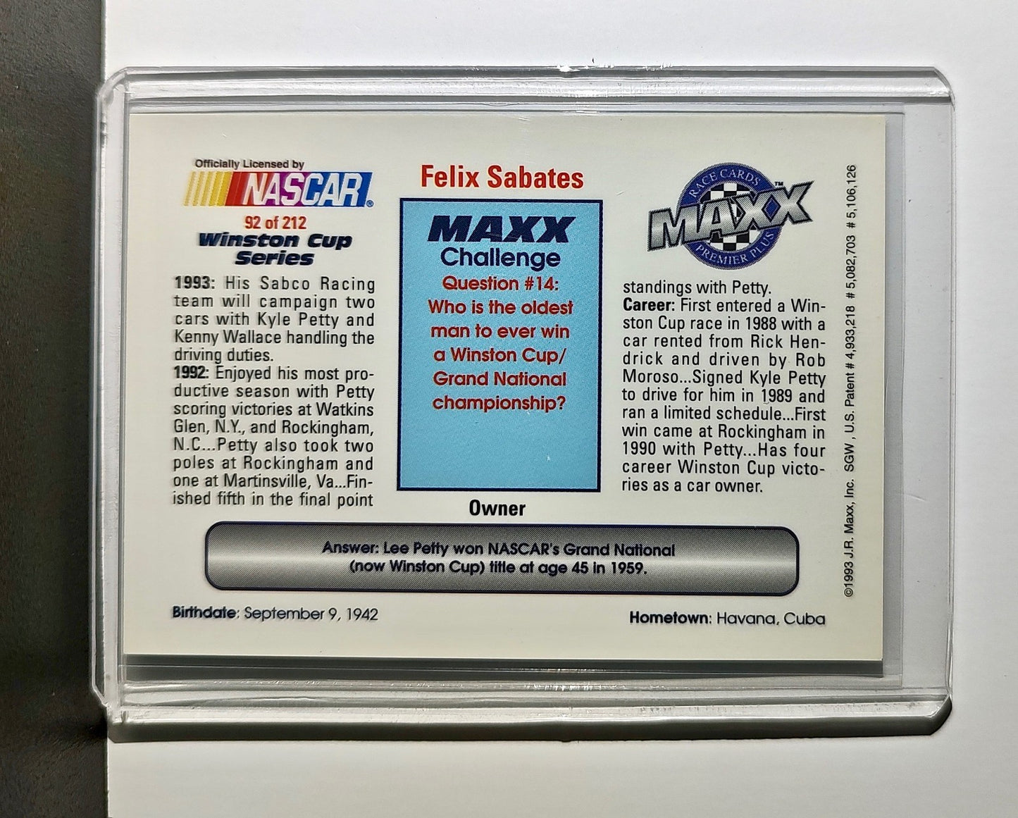 Felix Sabates 1993 Maxx Premier Plus Racing #92 NASCAR Card SABCO Racing