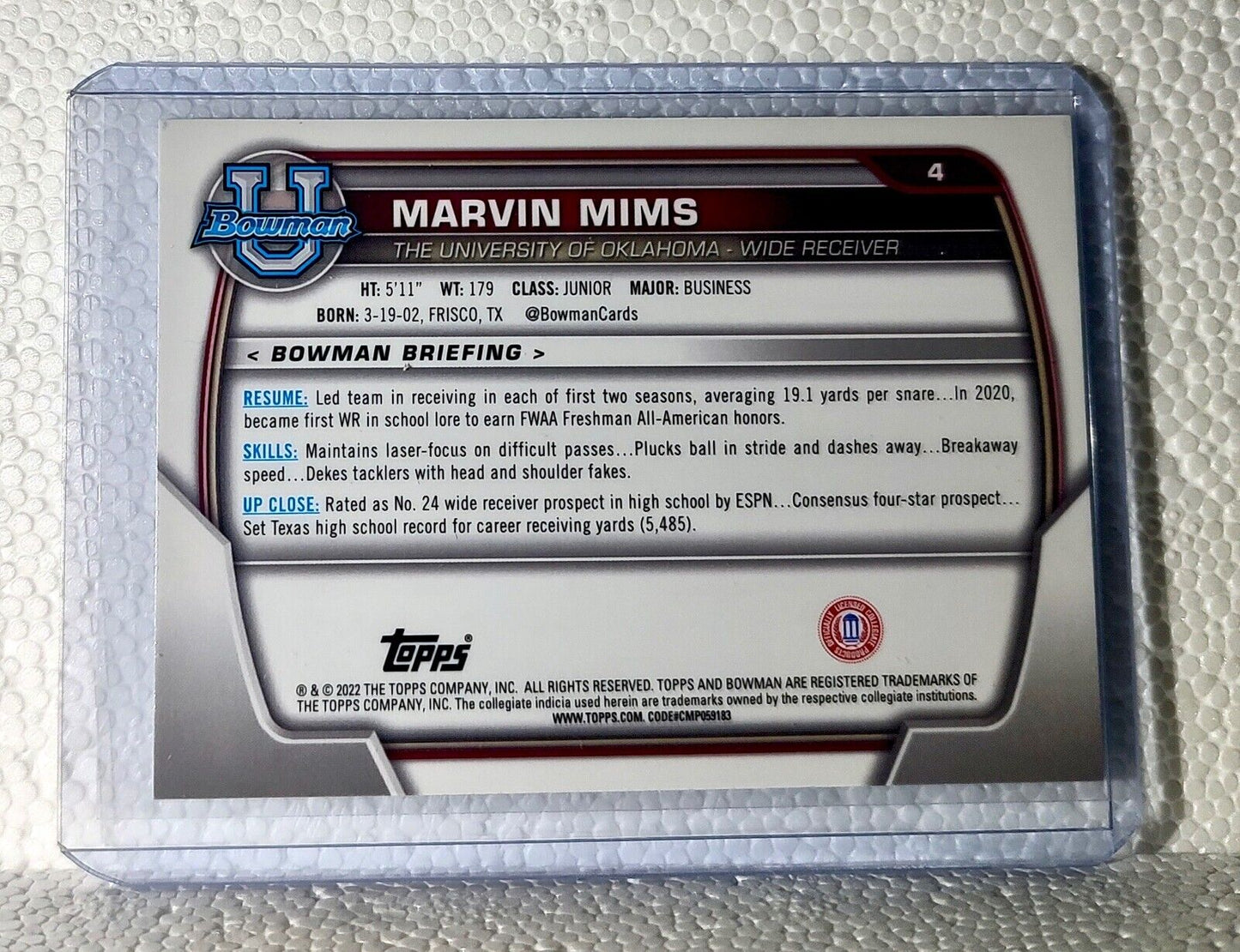 Marvin Mims 2022 Topps Bowman U Football #4 Card Oklahoma