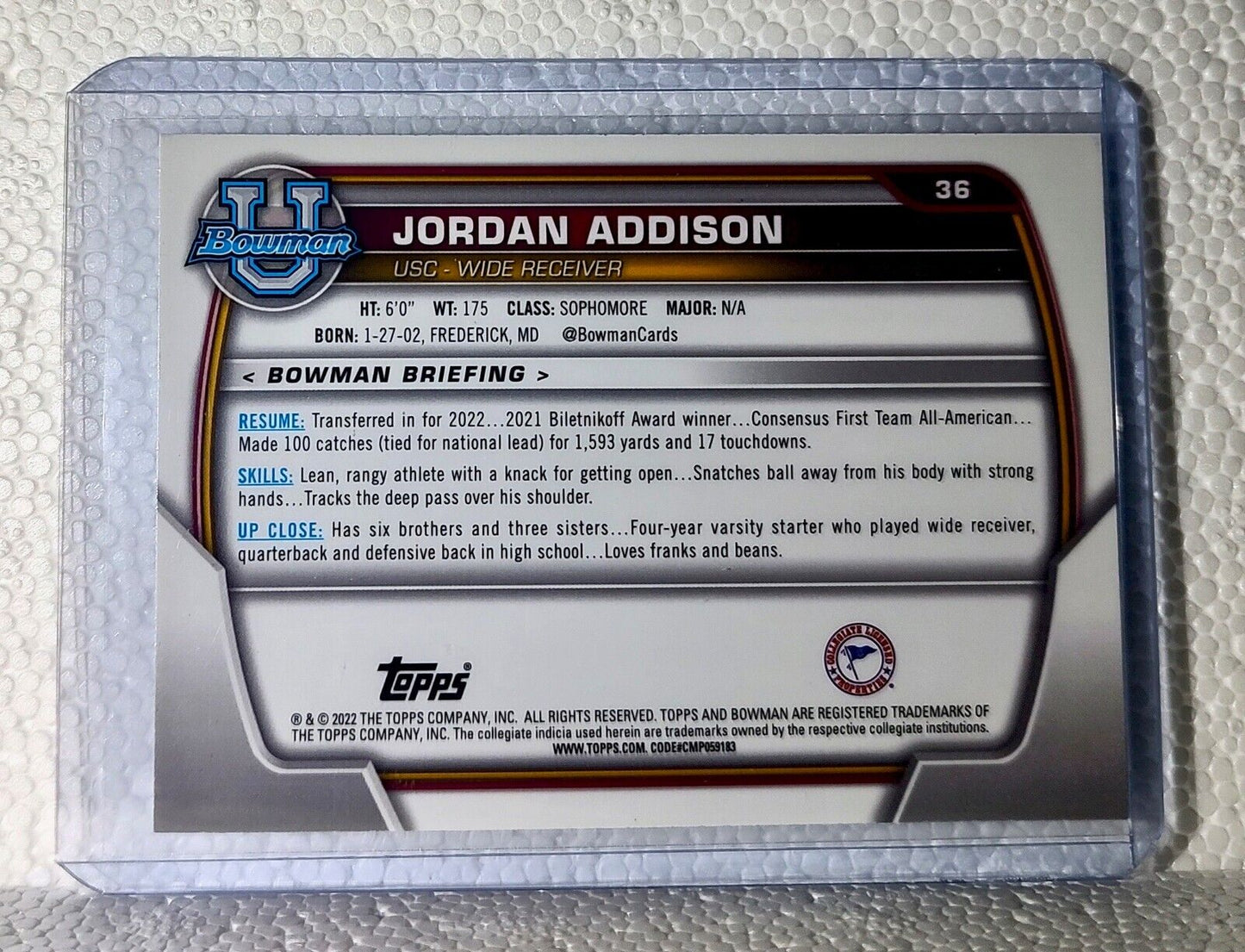 Jordan Addison 2022 Topps 1st Bowman U Football #36 Card USC