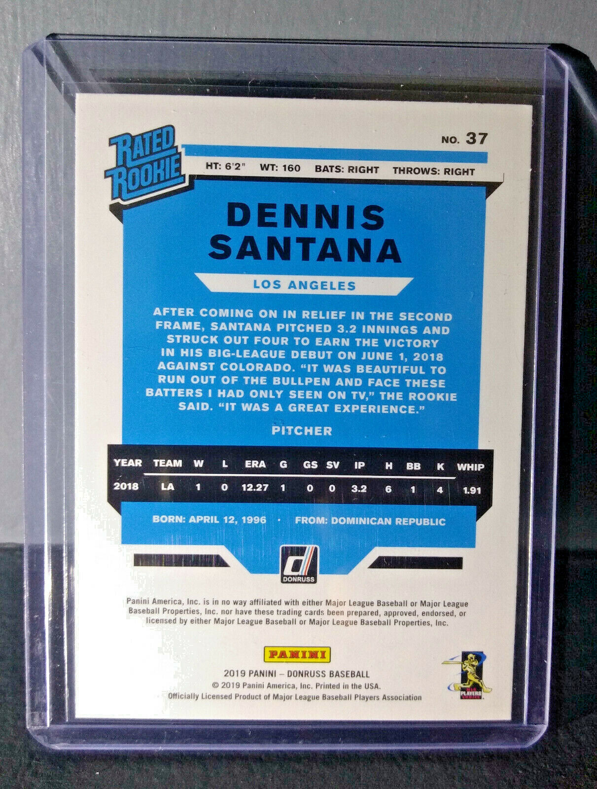 2019 Dennis Santana Panini Donruss Rated Rookie Pink #37 Baseball Card