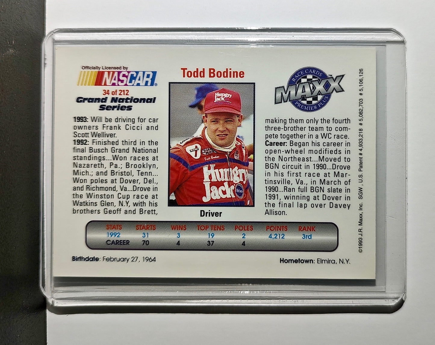 Todd Bodine 1993 Maxx Premier Plus Racing #34 NASCAR Card Butch Mock Motorsports