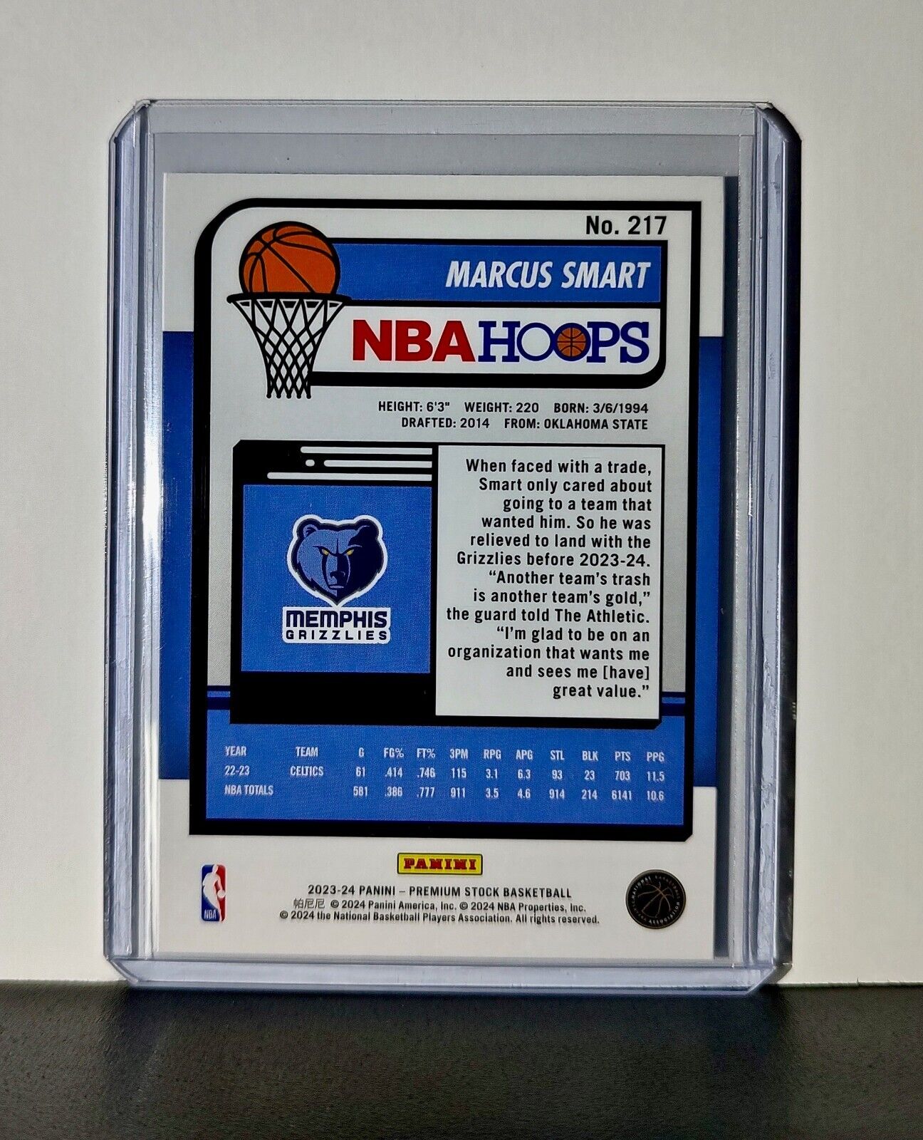 Marcus Smart 2023-24 Panini Premium Stock NBA Hoops #217 Card Memphis Grizzlies