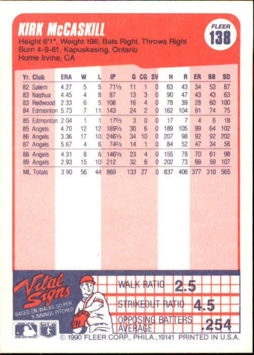 1990 Kirk McCaskill Fleer Baseball Card #138