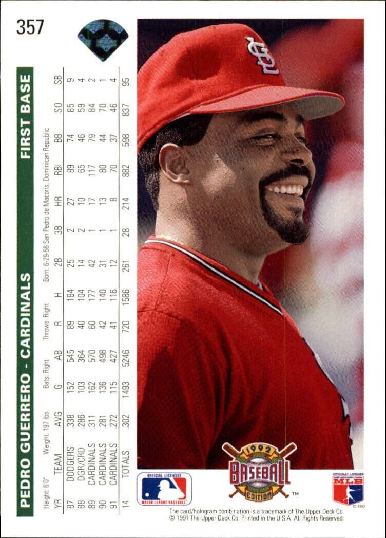 Pedro Guerrero 1992 Upper Deck MLB #357 Baseball Card St. Louis Cardinals