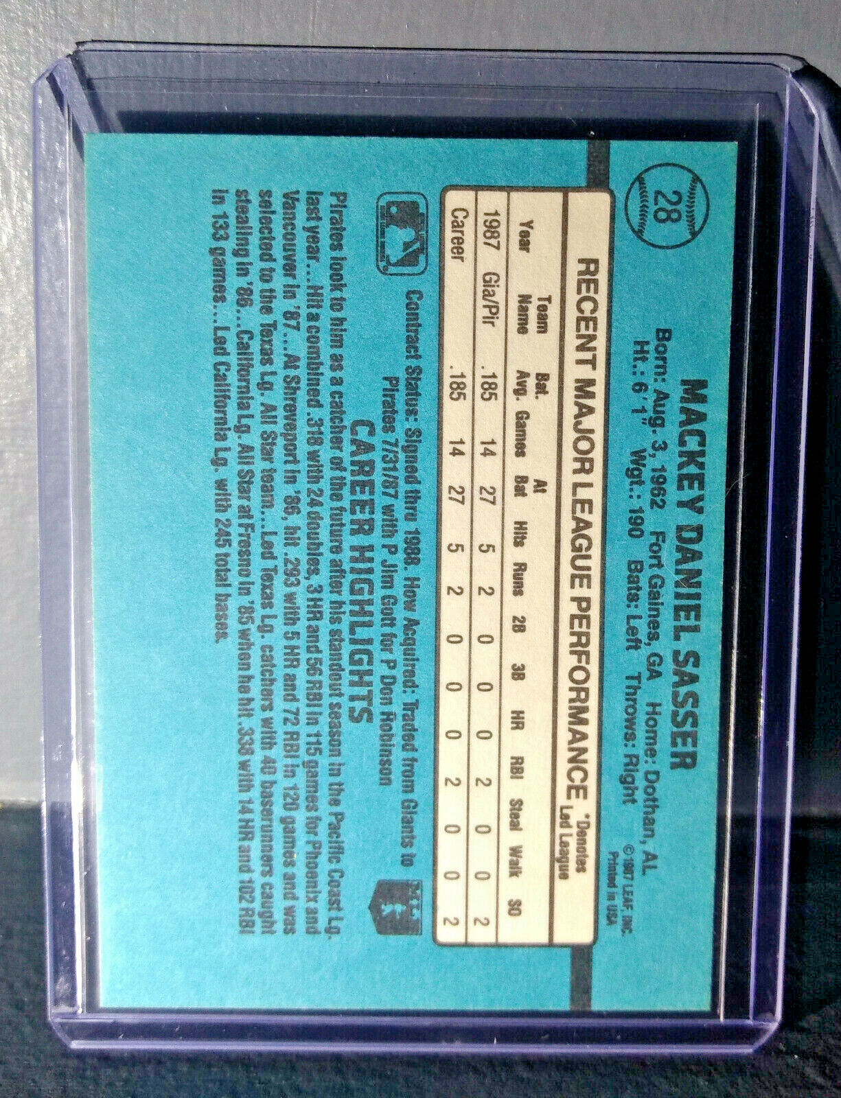 1988 Mackey Sasser Donruss Rated Rookie #28 Baseball Card