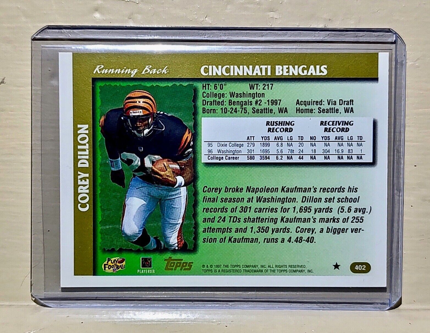 1997 Corey Dillon Topps Draft Pick #402 NFL Rookie Trading Card Bengals