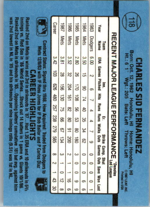 1988 Sid Fernandez Donruss Baseball Card #118