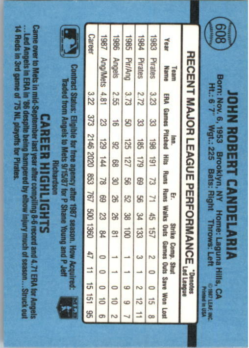 1988 John Candelaria Donruss Baseball Card #608