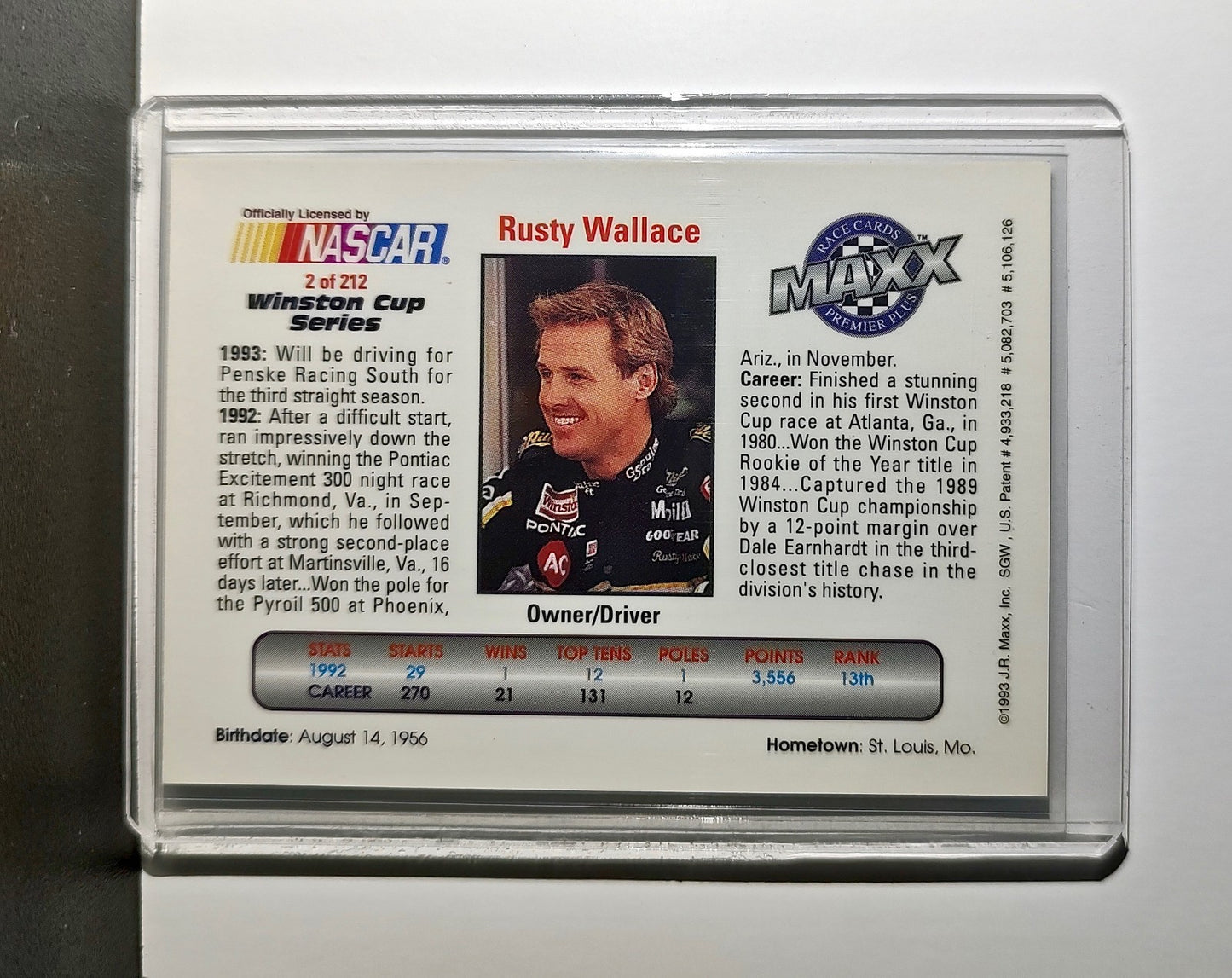 Rusty Wallace 1993 Maxx Premier Plus Racing #2 NASCAR Card Penske Racing South