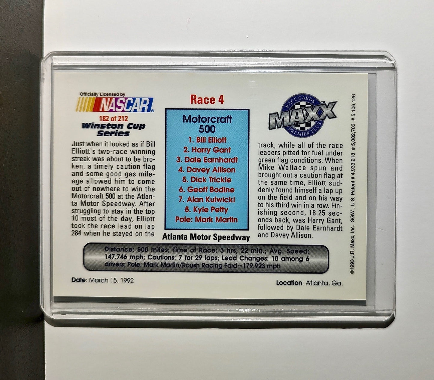 Race 4 Atlanta YR 1993 Maxx Premier Plus Racing #182 NASCAR Card Junior Johnson