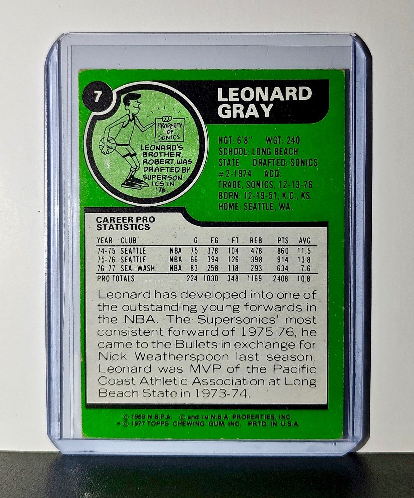 Leonard Gray 1977 Topps NBA #7 Card Washington Wizards