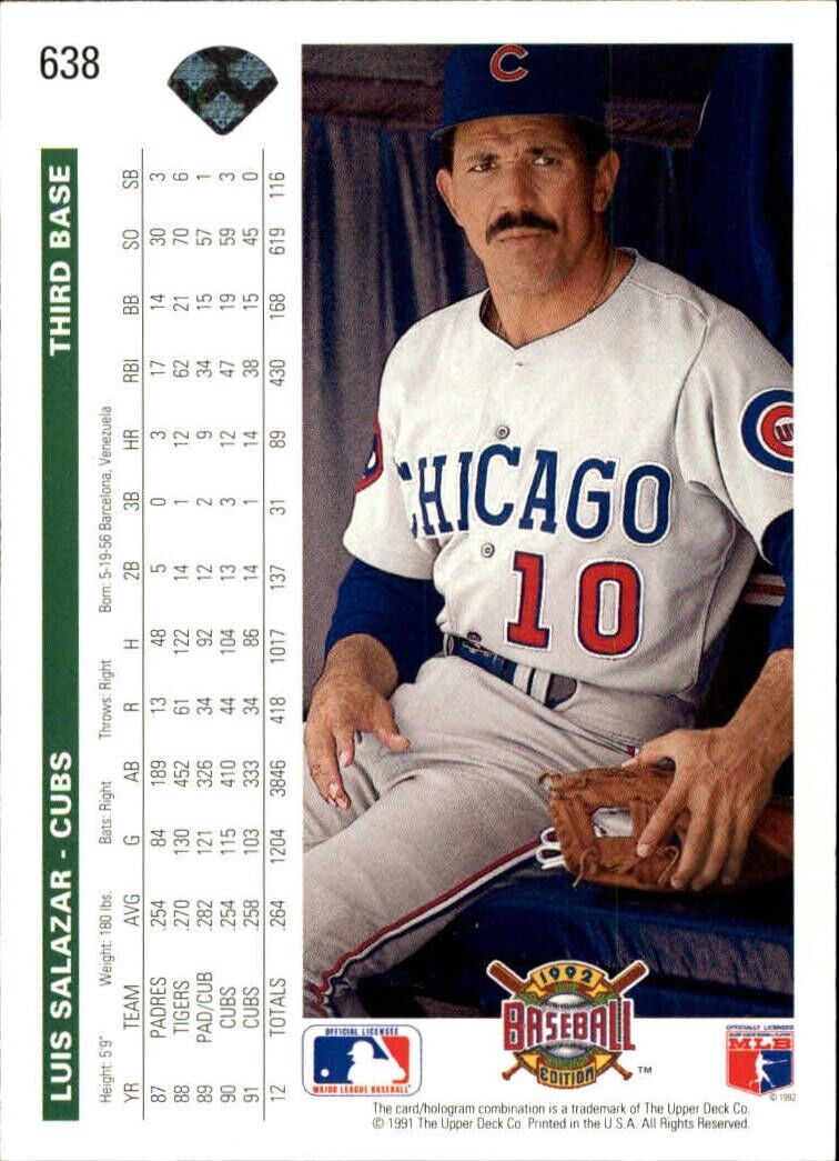 Luis Salazar 1992 Upper Deck MLB #638 Baseball Card Chicago Cubs