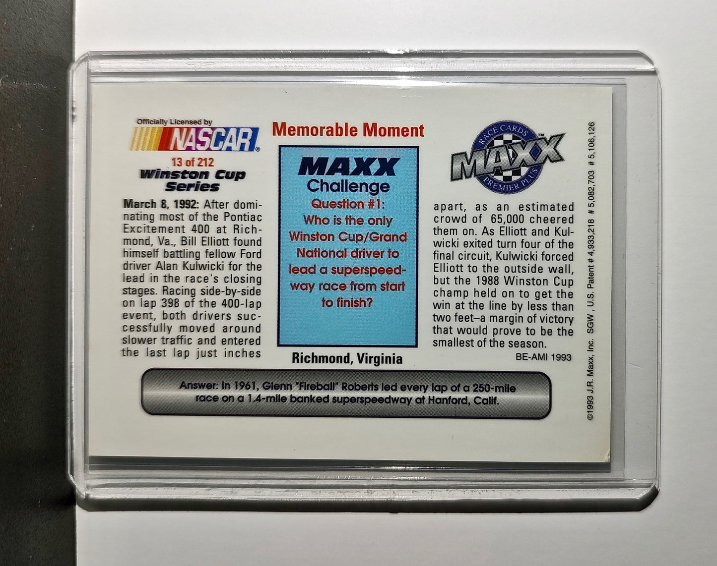 Memorable Moment 1993 Maxx Premier Plus Racing #13 NASCAR Card
