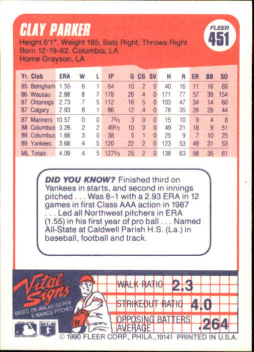 1990 Clay Parker Fleer Baseball Card #451