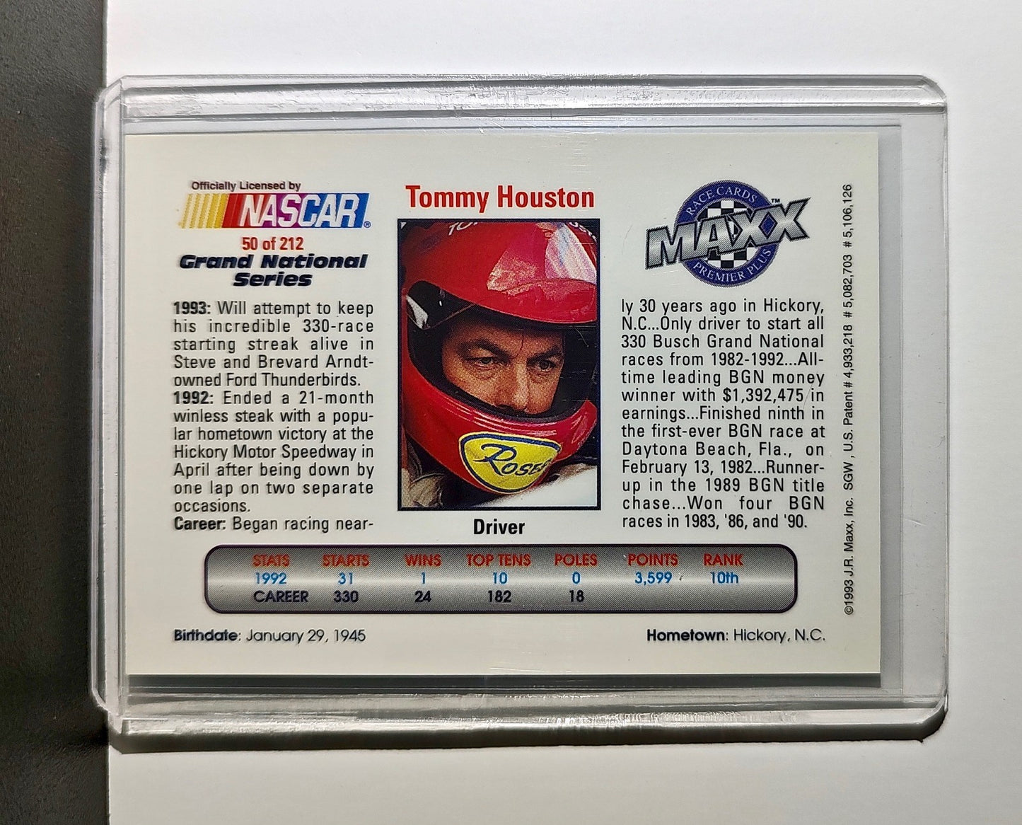 Tommy Houston 1993 Maxx Premier Plus Racing #50 NASCAR Card DAHRT Inc