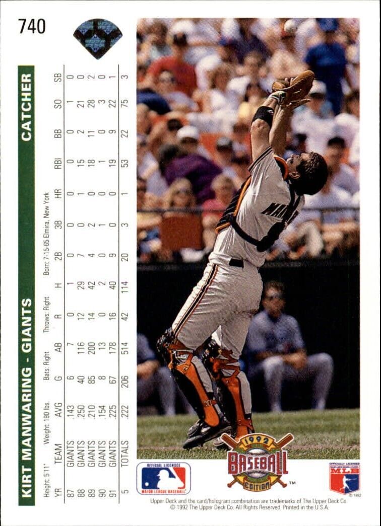 Kirt Manwaring 1992 Upper Deck MLB #740 Baseball Card San Francisco Giants