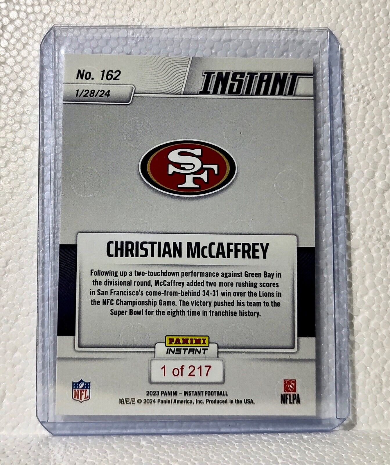 Christian McCaffrey 2023 Panini Football #162 Card 49ers NFC Champions 1 of 217