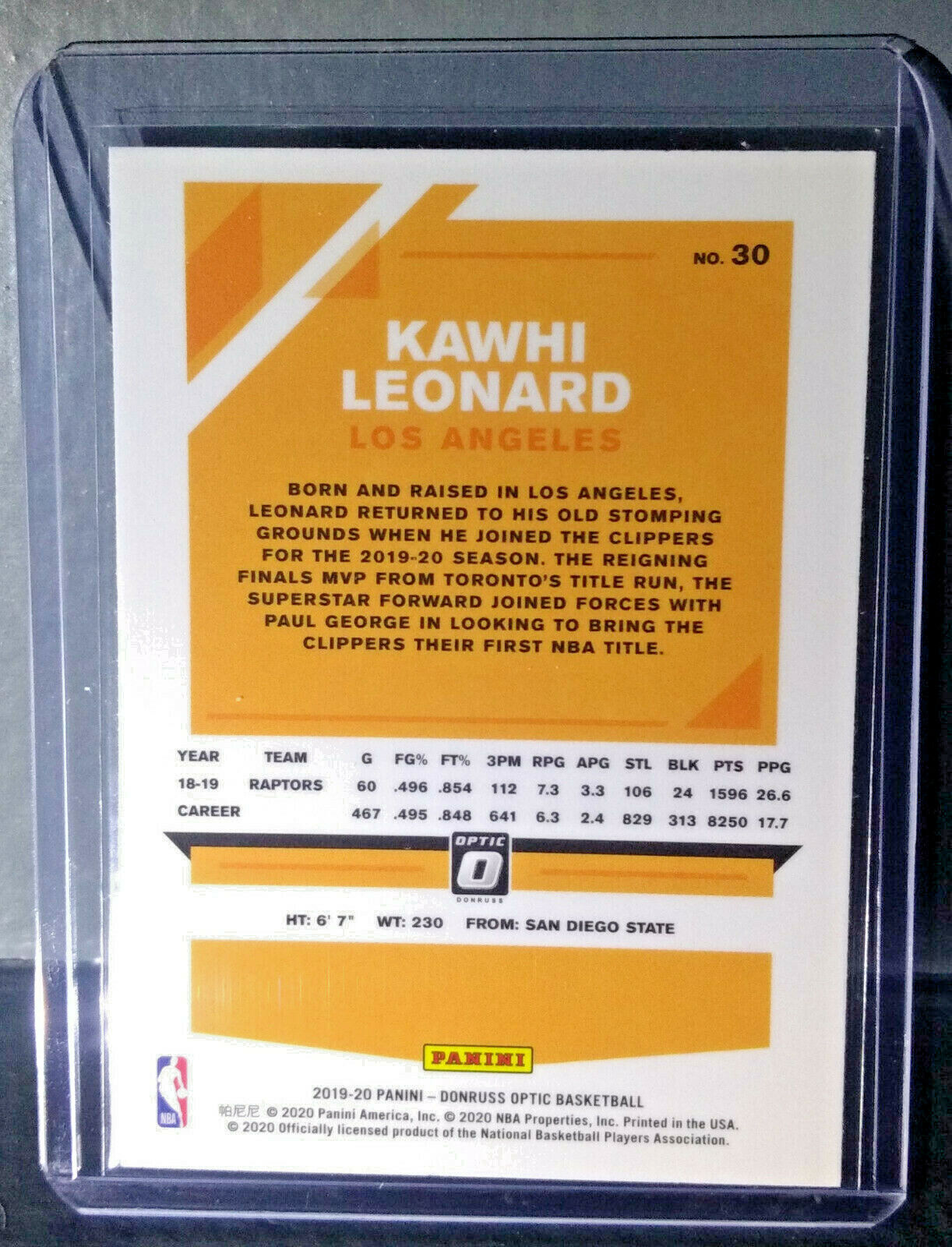 Kawhi Leonard 2019-20 Panini Donruss Optic #30 Basketball Card