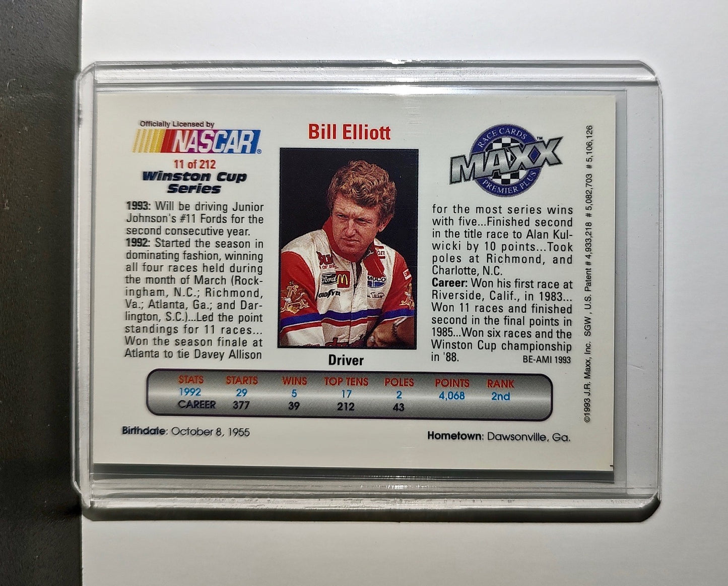 Bill Elliott 1993 Maxx Premier Plus Racing 11 NASCAR Junior Johnson & Associates
